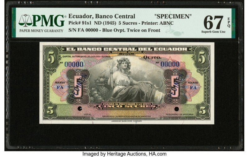 Ecuador Banco Central del Ecuador 5 Sucres ND (1945) Pick 91s1 Specimen PMG Supe...