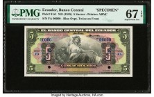 Ecuador Banco Central del Ecuador 5 Sucres ND (1945) Pick 91s1 Specimen PMG Superb Gem Unc 67 EPQ. Cancelled with 2 punch holes. 

HID09801242017

© 2...