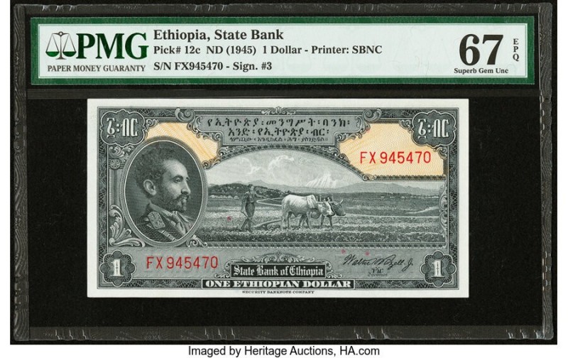 Ethiopia State Bank of Ethiopia 1 Dollar ND (1945) Pick 12c PMG Superb Gem Unc 6...