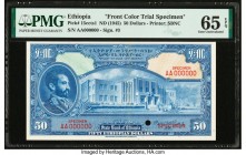 Ethiopia State Bank of Ethiopia 50 Dollars ND (1945) Pick 15ccts1 Front Color Trial Specimen PMG Gem Uncirculated 65 EPQ. Cancelled with 1 punch hole....