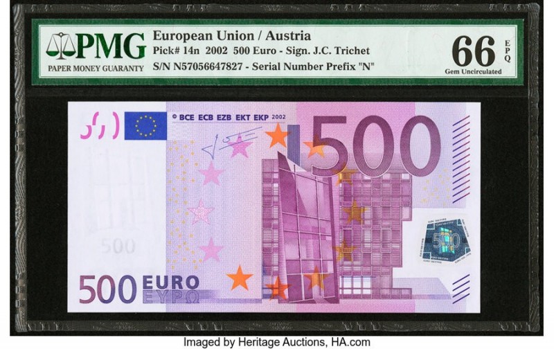 European Union Central Bank, Austria 500 Euro 2002 Pick 14n PMG Gem Uncirculated...