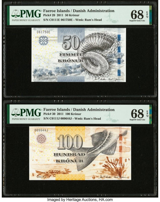 Faeroe Islands Foroyar 50; 100 Kronur 2011 Pick 29; 30 PMG Superb Gem Unc 68 EPQ...