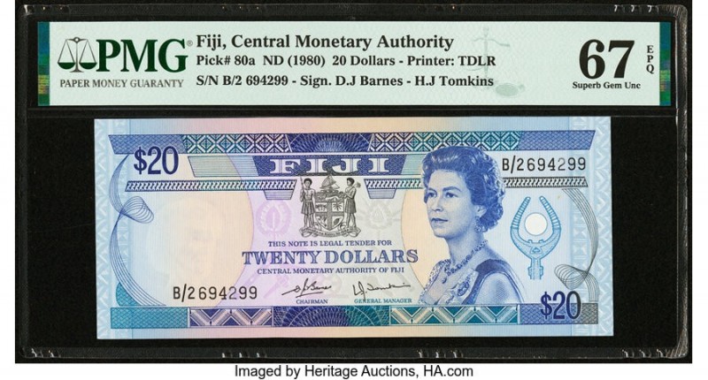 Fiji Central Monetary Authority 20 Dollars ND (1980) Pick 80a PMG Superb Gem Unc...