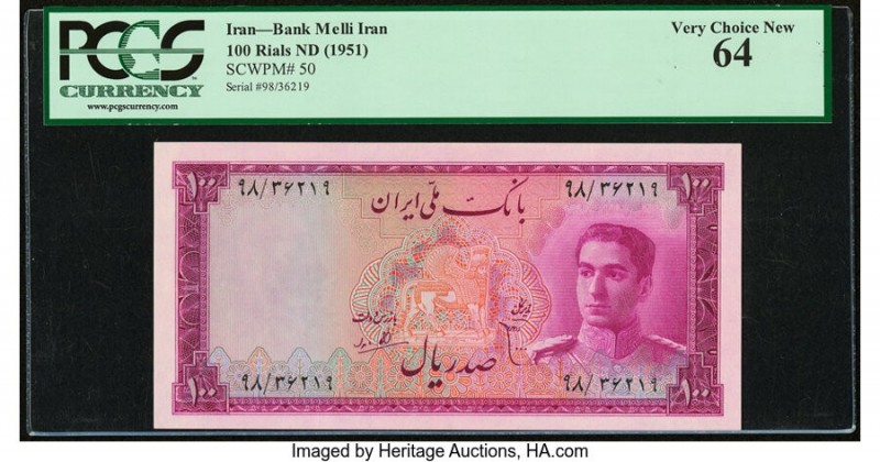 Iran Bank Melli 100 Rials ND (1951) Pick 50 PCGS Very Choice New 64. 

HID098012...