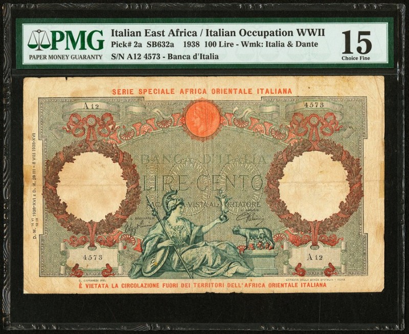Italian East Africa Banca d'Italia 100 Lire 1938 Pick 2a PMG Choice Fine 15. Tap...