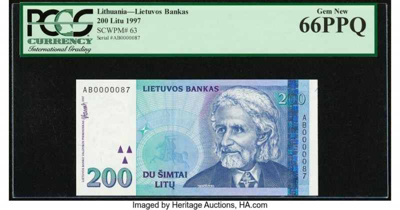 Low Serial Lithuania Bank of Lithuania 200 Litu 1997 Pick 63 PCGS Gem New 66PPQ....