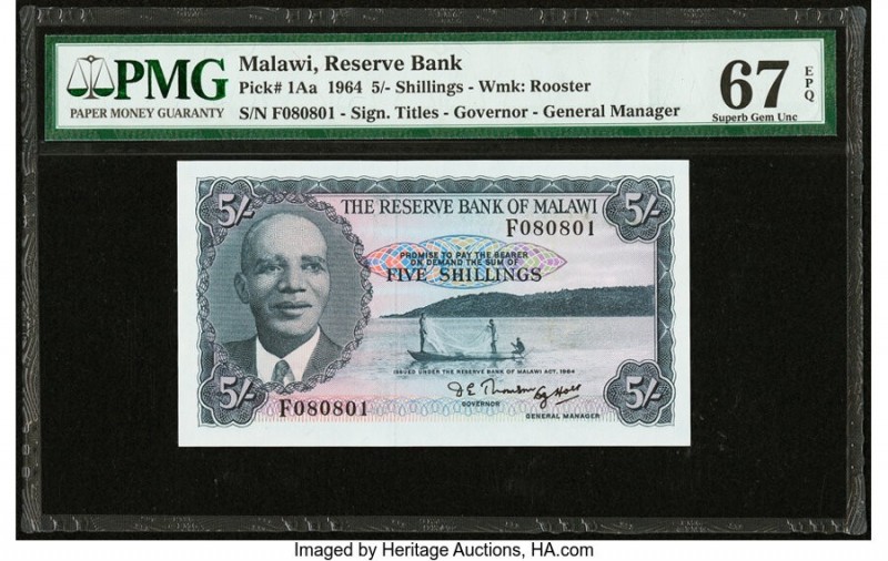 Malawi Reserve Bank of Malawi 5 Shillings 1964 Pick 1Aa PMG Superb Gem Unc 67 EP...