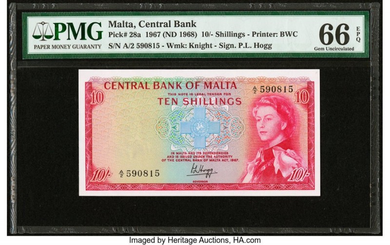 Malta Central Bank of Malta 10 Shillings 1967 (ND 1968) Pick 28a PMG Gem Uncircu...