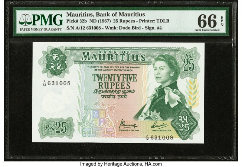 Mauritius Bank of Mauritius 25 Rupees ND (1967) Pick 32b PMG Gem Uncirculated 66...