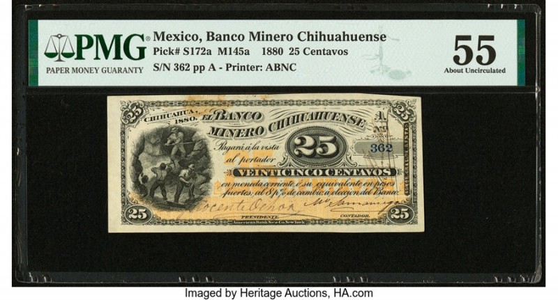 Mexico Banco Minero Chihuahuense 25 Centavos 1880 Pick S172a M145a PMG About Unc...