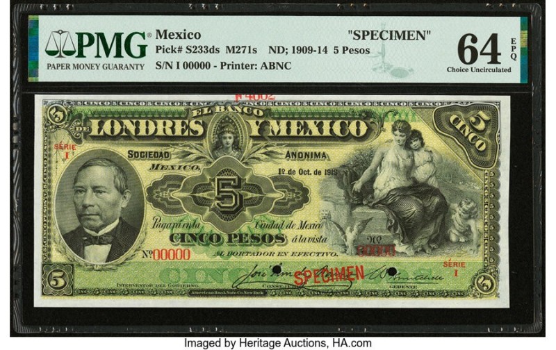 Mexico Banco de Londres y Mexico 5 Pesos 1.10.1913 Pick S233ds Specimen M271s PM...