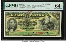 Mexico Banco de Londres y Mexico 5 Pesos 1.10.1913 Pick S233ds Specimen M271s PMG Choice Uncirculated 64 EPQ. Cancelled with 2 punch holes. 

HID09801...