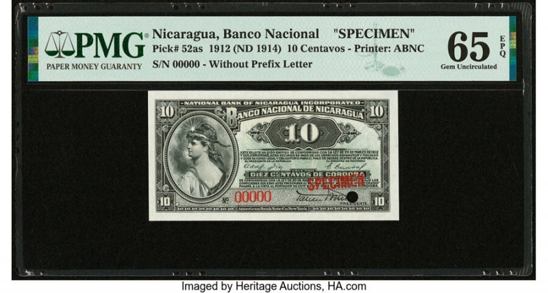 Nicaragua Banco Nacional 10 Centavos 20.3.1912 Pick 52as Specimen PMG Gem Uncirc...