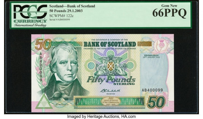 Scotland Bank of Scotland 50 Pounds 29.1.2003 Pick 122c PCGS Gem New 66PPQ. 

HI...