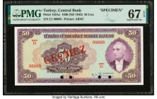 Turkey Central Bank 50 Lira 1930 (ND 1942) Pick 142As Specimen PMG Superb Gem Unc 67 EPQ. Cancelled with 4 punch holes. 

HID09801242017

© 2020 Herit...