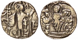 GRECHE - INDIA - KUSHAN - Gadahara-Kirada (360-380) - Dinar - Il Re nimbato sacrificante a s. /R La Dea Ardochsho stante (EL g. 7,95)
qBB