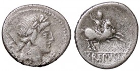 ROMANE REPUBBLICANE - CREPUSIA - Pub. Crepusius (82 a.C.) - Denario - Testa di Apollo a d., dietro uno scettro /R Cavaliere al galoppo a d. con lancia...