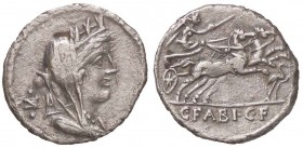 ROMANE REPUBBLICANE - FABIA - C. Fabius C. f. Hadrianus (102 a.C.) - Denario - Testa di Cibele a d.; dietro, contrassegno monetario /R La Vittoria su ...