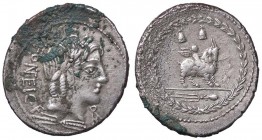 ROMANE REPUBBLICANE - FONTEIA - Man. Fonteius C. f. (85 a.C.) - Denario - Testa di Apollo Vejovis a d.; sotto il mento AP in monogramma, sotto, un ful...