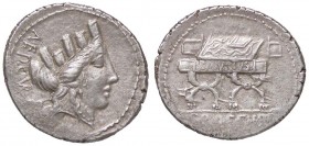 ROMANE REPUBBLICANE - FURIA - P. Furius Crassipes (84 a.C.) - Denario - Testa di Cibele a d.; dietro, un piede umano volto in alto /R Sedia curule B. ...