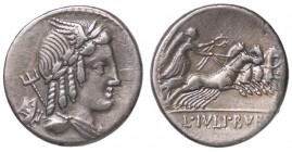 ROMANE REPUBBLICANE - JULIA - L. Julius Bursio (85 a.C.) - Denario - Testa di Apollo Vejovis a d.; dietro, tridente e farfalla /R La Vittoria su quadr...