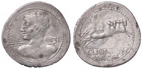 ROMANE REPUBBLICANE - LICINIA - C. Licinius L. f. Macer (84 a.C.) - Denario - Busto di Vejovis a s. con fascio di frecce /R Minerva su quadriga verso ...