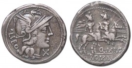 ROMANE REPUBBLICANE - MARCIA - Q. Marcius Libo (148 a.C.) - Denario - Testa di Roma a d. /R I Dioscuri a cavallo verso d. B. 1; Cr. 215/1 (AG g. 4) Li...