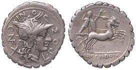 ROMANE REPUBBLICANE - POMPONIA - L. Pomponius Cn. f. (118 a.C.) - Denario serrato - Testa di Roma a d. /R Il Re gallo Bituito su biga d. B. 7; Cr. 282...