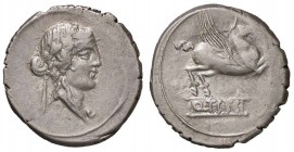 ROMANE REPUBBLICANE - TITIA - Q. Titius (90 a.C.) - Denario - Testa di Bacco a d. /R Pegaso in volo a d. B. 2; Cr. 341/2 (AG g. 3,93)
BB+