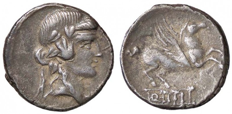 ROMANE REPUBBLICANE - TITIA - Q. Titius (90 a.C.) - Denario - Testa di Bacco a d...