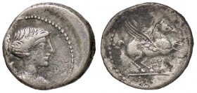 ROMANE REPUBBLICANE - TITIA - Q. Titius (90 a.C.) - Quinario - Busto della Vittoria a d. /R Pegaso in volo a d. B. 3; Cr. 341/3 (AG g. 2,09)
BB
