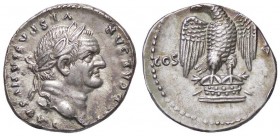 ROMANE IMPERIALI - Vespasiano (69-79) - Denario - Testa laureata a d. /R Aquila su cippo con la testa a s. RIC 89 (AG g. 3,4) Ex asta Negrini 7, lotto...