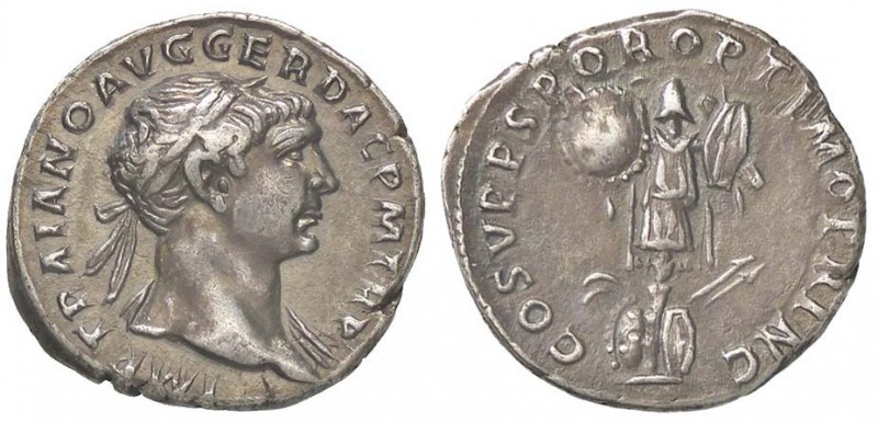 ROMANE IMPERIALI - Traiano (98-117) - Denario - Testa laureata a d. /R Trofeo co...