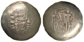 BIZANTINE - Giovanni II (1118-1143) - Aspron - Il Cristo nimbato seduto di fronte con la mano d. alzata /R Giovanni e San Giorgio stanti con lunga cro...