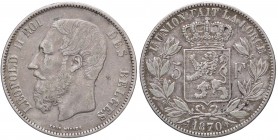 ESTERE - BELGIO - Leopoldo II (1865-1909) - 5 Franchi 1870 Kr. 24 AG
BB+