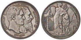 ESTERE - BELGIO - Leopoldo II (1865-1909) - 5 Franchi 1880 - Cinquantenario della Costituzione Kr. M9 RR AG Colpetto - Bella patina
SPL