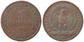 ZECCHE ITALIANE - BOLOGNA - Repubblica Romana (1848-1849) - 3 Baiocchi 1849 Pag. 260; Mont. 71 CU Mancanza al R/ prima di ROMANA
qBB