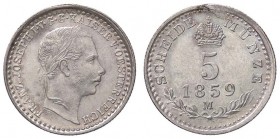 ZECCHE ITALIANE - MILANO - Francesco Giuseppe I d'Asburgo-Lorena (1848-1866) - 5 Kreuzer 1859 Pag. 237; Mont. 472 R MI
qFDC