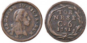 ZECCHE ITALIANE - NAPOLI - Ferdinando IV di Borbone (primo periodo, 1759-1799) - 6 Cavalli 1791 P.R. 132; Mont. 310 CU
BB