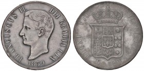 ZECCHE ITALIANE - NAPOLI - Francesco II di Borbone (1859-1860) - Piastra 1859 P.R. 1; Mont. 1258 AG Colpetto
BB-SPL