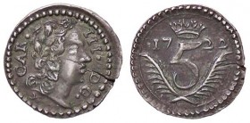 ZECCHE ITALIANE - PALERMO - Carlo III d'Asburgo (1720-1734) - Cinquina 1722 Spahr 10; Mont. 57 R (AG g. 0,74) Frattura di conio
BB-SPL