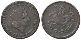 ZECCHE ITALIANE - PALERMO - Ferdinando III di Borbone (1759-1816) - 2 Grani 1814 Spahr 166; Mont. 382 NC CU Due contromarche al D/
meglio di MB