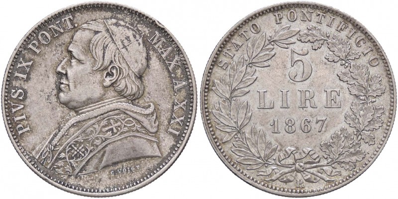ZECCHE ITALIANE - ROMA - Pio IX (1866-1870) - 5 Lire 1867 A. XXI Pag. 548; Mont....