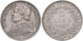 ZECCHE ITALIANE - ROMA - Pio IX (1866-1870) - 5 Lire 1867 A. XXI Pag. 548; Mont. 361 RR AG
qSPL