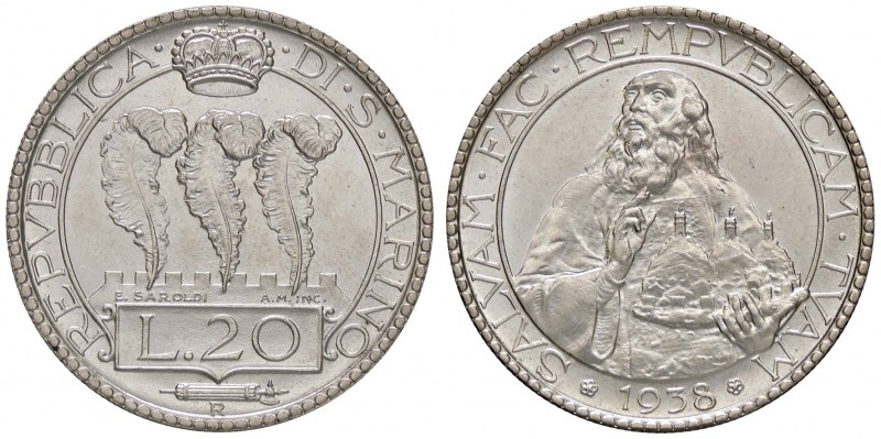 ZECCHE ITALIANE - SAN MARINO - Vecchia monetazione - 20 Lire 1938 Pag. 348; Mont...