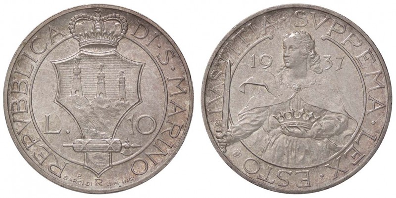ZECCHE ITALIANE - SAN MARINO - Vecchia monetazione - 10 Lire 1937 Pag. 355; Mont...