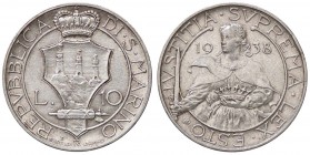 ZECCHE ITALIANE - SAN MARINO - Vecchia monetazione - 10 Lire 1938 Pag. 356; Mont. 34 R AG
qFDC/SPL+