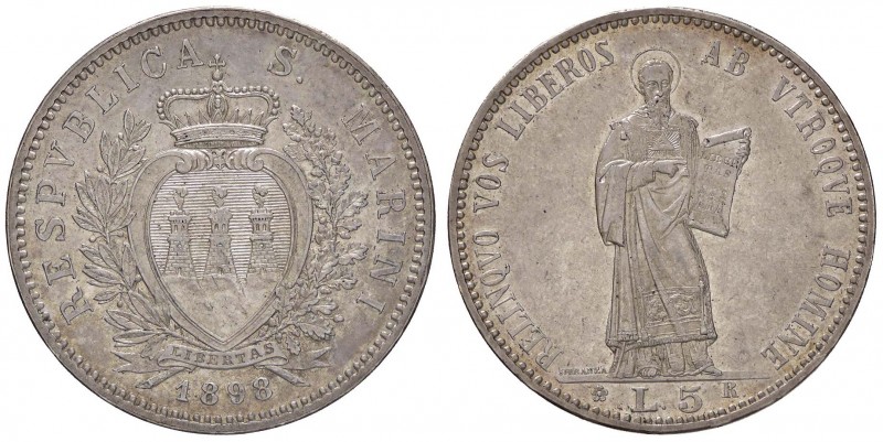 ZECCHE ITALIANE - SAN MARINO - Vecchia monetazione - 5 Lire 1898 Pag. 357; Mont....