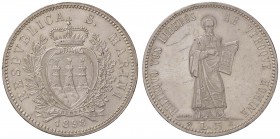 ZECCHE ITALIANE - SAN MARINO - Vecchia monetazione - 5 Lire 1898 Pag. 357; Mont. 1 R AG Graffi al R/
qFDC/SPL+
