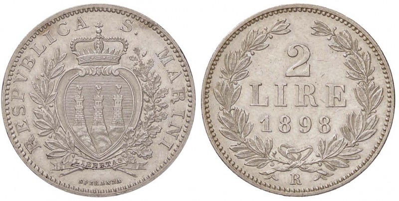 ZECCHE ITALIANE - SAN MARINO - Vecchia monetazione - 2 Lire 1898 Pag. 365; Mont....